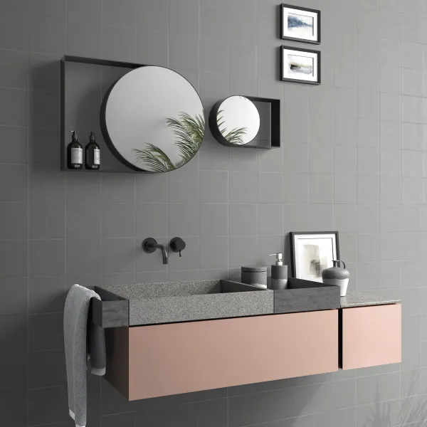Baño con azulejos efecto monocolor en tonos neutros, colección Chroma de Aleluia