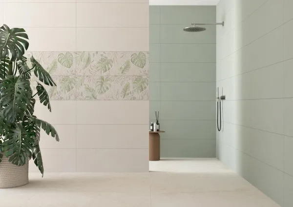 Baño con azulejos efecto monocolor, colección Chromatic de TAU ceràmica