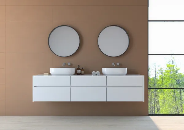 Baño con azulejos efecto monocolor en tonos cálidos, colección Chromatic de TAU ceràmica