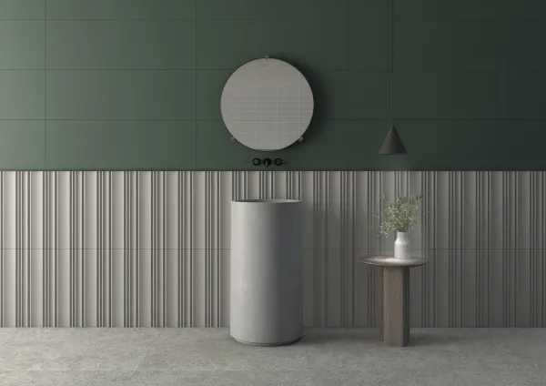 Baño con azulejos efecto monocolor en tonos neutros, colección Chromatic de TAU ceràmica