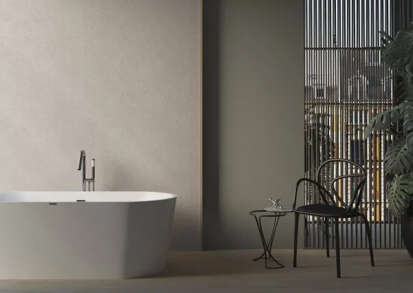 Baño con azulejos efecto monocolor en tonos neutros, colección Chromatic de TAU ceràmica