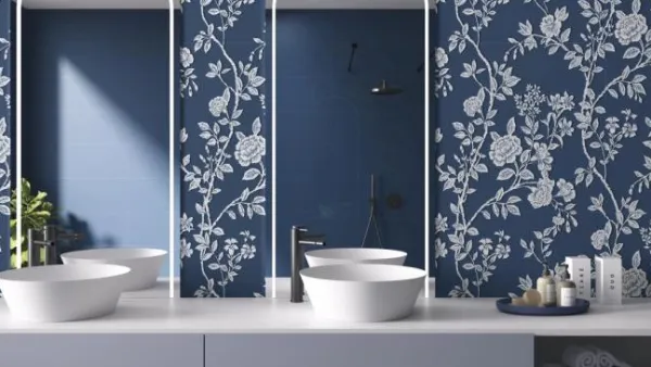 Baño con azulejos efecto monocolor en tonos fríos, colección Colorful de Ape