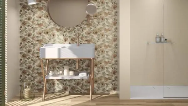 Baño con azulejos efecto monocolor en tonos cálidos, colección Colorful de Ape