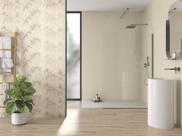 Baño con azulejos efecto monocolor en tonos cálidos, colección Colorful de Ape