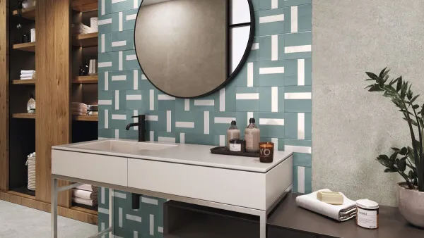 Baño con azulejos efecto monocolor, colección Contemporary de Ape
