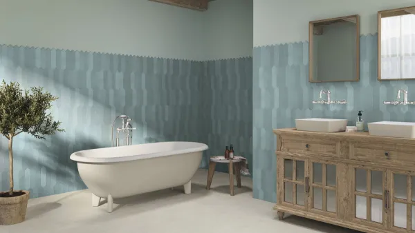 Baño con azulejos efecto monocolor en tonos fríos, colección Contemporary de Ape