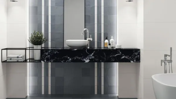 Baño con azulejos efecto monocolor, colección Contemporary de Ape