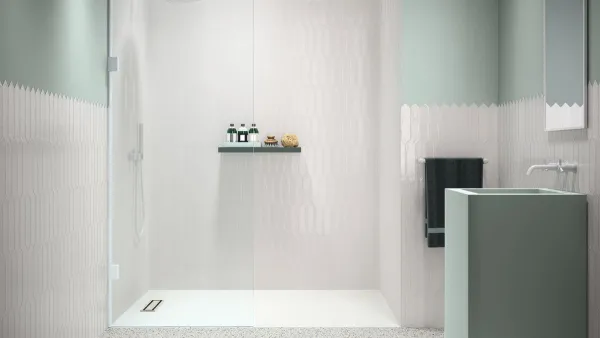 Baño con azulejos efecto monocolor en tonos neutros, colección Contemporary de Ape