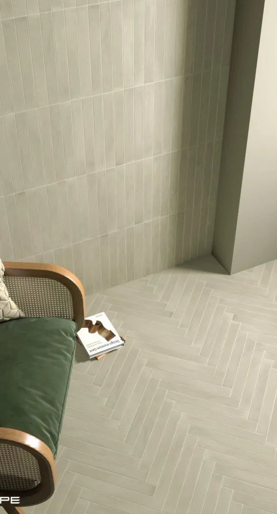 Baño con azulejos efecto monocolor en tonos neutros, colección Corsica de Equipe
