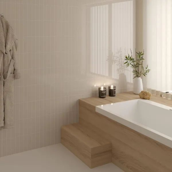 Baño con azulejos efecto monocolor en tonos cálidos, colección Costa nova de Equipe