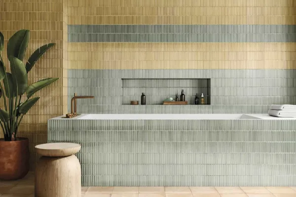 Baño con azulejos efecto monocolor, colección Crisp de Harmony