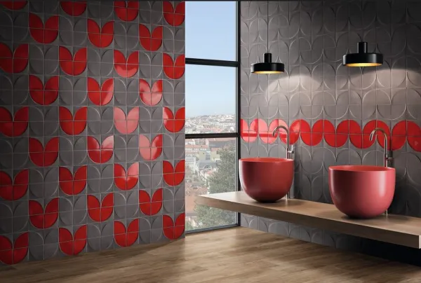 Baño con azulejos efecto monocolor en tonos cálidos, colección D autore de Natucer