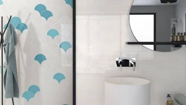 Baño con azulejos efecto monocolor, colección Dynamic de Ape