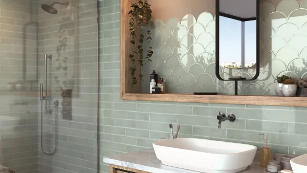 Baño con azulejos efecto monocolor en tonos fríos, colección Dynamic de Ape