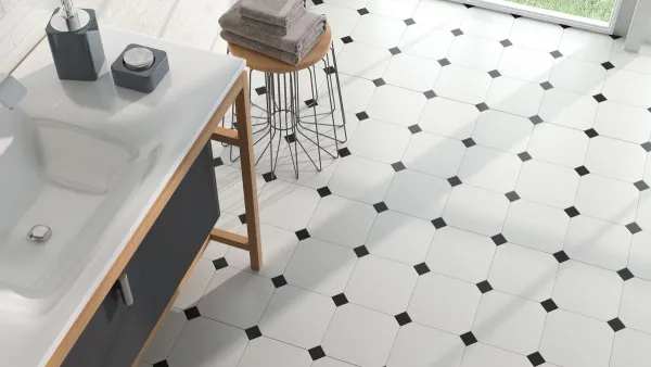 Baño con azulejos efecto monocolor en tonos neutros, colección Eight de Ape