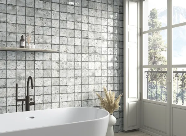 Baño con azulejos efecto monocolor en tonos neutros, colección Era de Mayolica