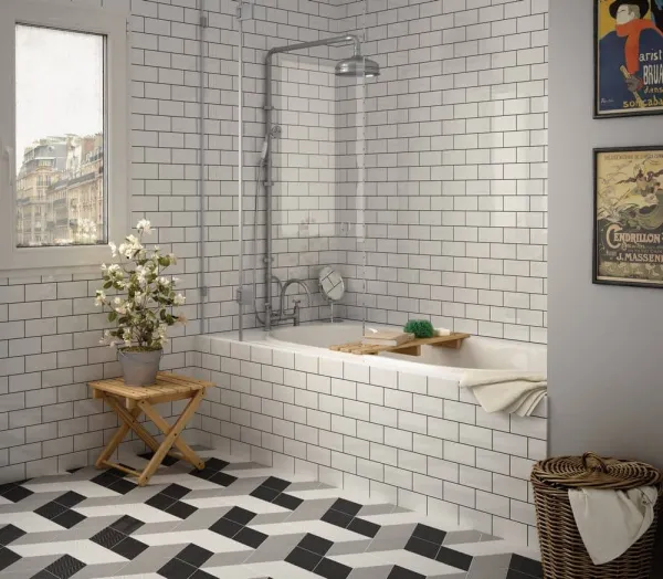 Baño con azulejos efecto monocolor en tonos neutros, colección Evolution de Equipe
