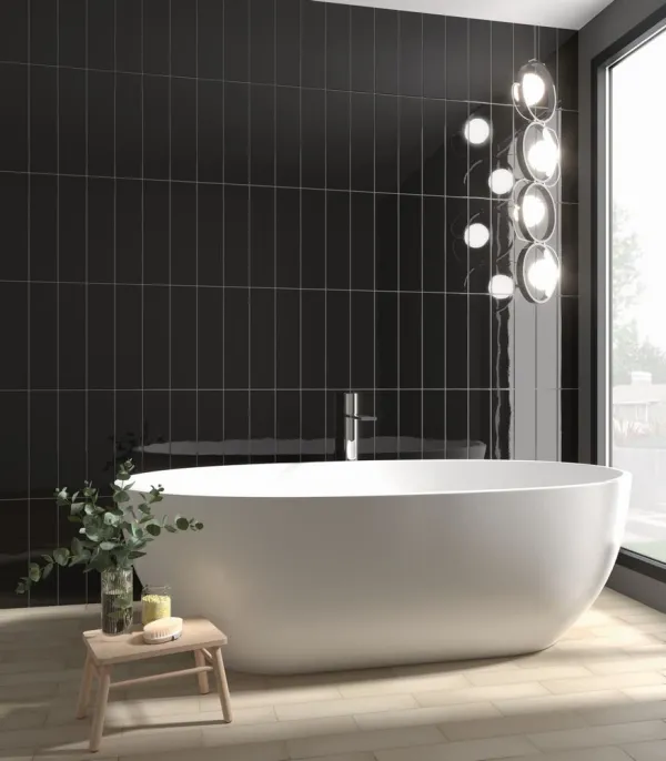 Baño con azulejos efecto monocolor en tonos neutros, colección Evolution de Equipe