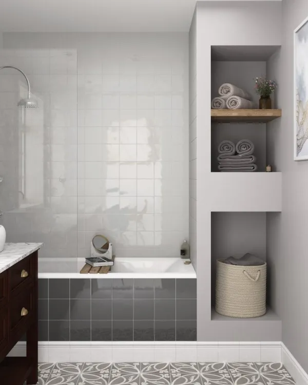 Baño con azulejos efecto monocolor en tonos neutros, colección Evolution de Equipe