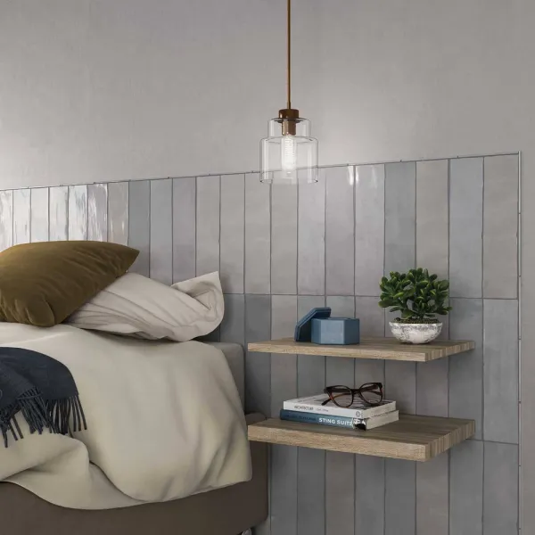 Baño con azulejos efecto monocolor en tonos neutros, colección Flash de DNA Tiles