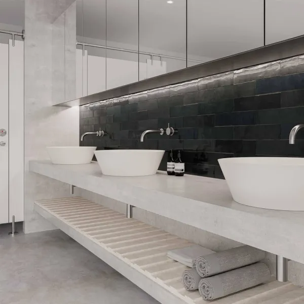 Baño con azulejos efecto monocolor en tonos neutros, colección Flash de DNA Tiles