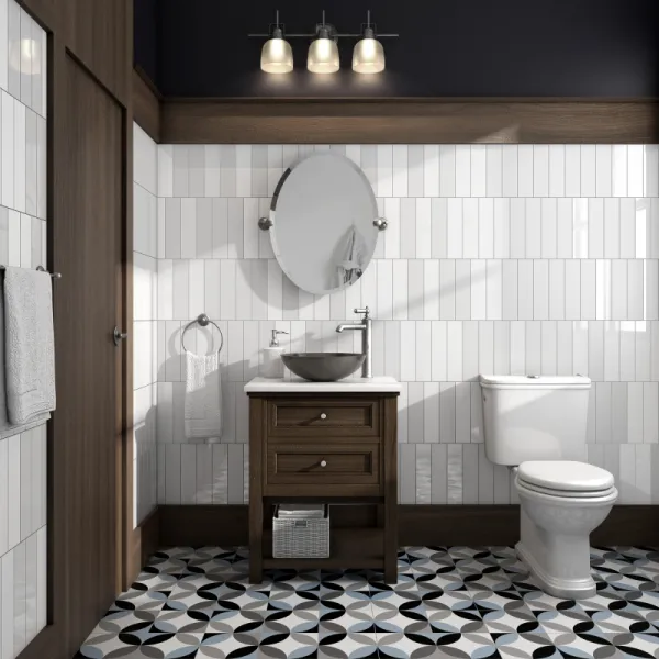 Baño con azulejos efecto monocolor en tonos neutros, colección Flat de Dune