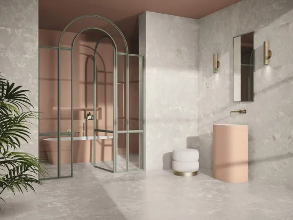 Baño con azulejos efecto monocolor en tonos cálidos, colección Four seasons de Ape