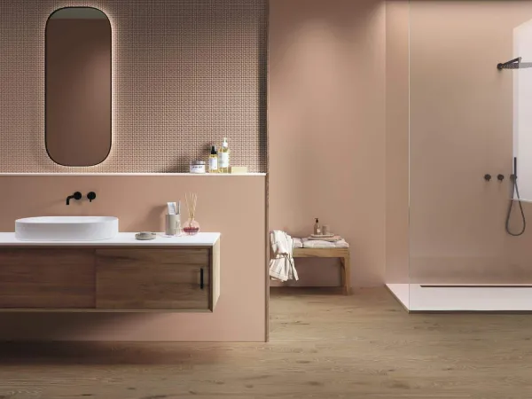 Baño con azulejos efecto monocolor en tonos cálidos, colección Four seasons de Ape