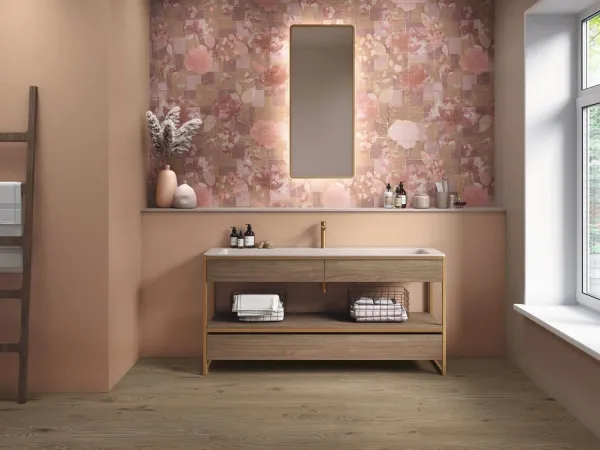 Baño con azulejos efecto monocolor en tonos cálidos, colección Four seasons de Ape