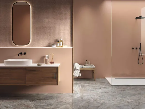 Baño con azulejos efecto monocolor en tonos cálidos, colección Four seasons de Ape