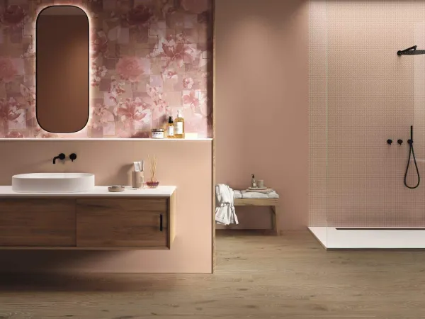 Baño con azulejos efecto monocolor en tonos cálidos, colección Four seasons de Ape
