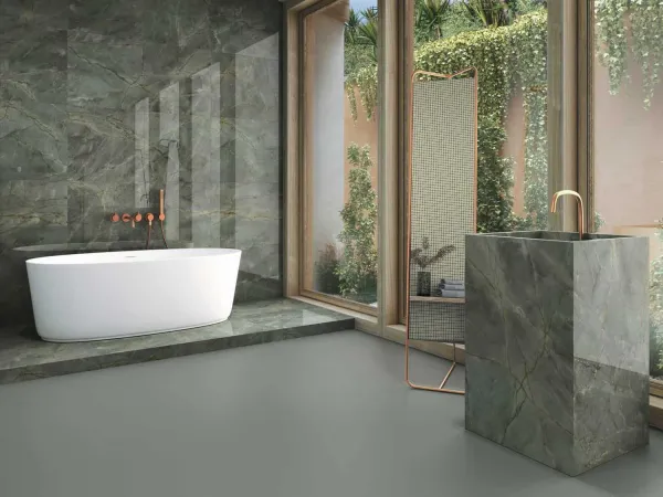Baño con azulejos efecto monocolor, colección Four seasons de Ape