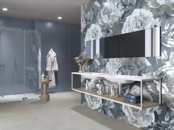 Baño con azulejos efecto monocolor en tonos fríos, colección Four seasons de Ape
