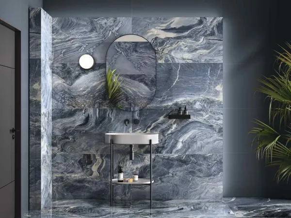 Baño con azulejos efecto monocolor en tonos fríos, colección Four seasons de Ape