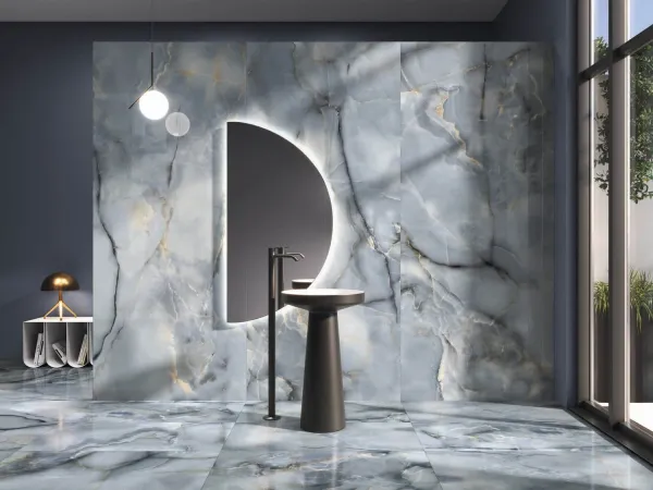 Baño con azulejos efecto monocolor en tonos fríos, colección Four seasons de Ape