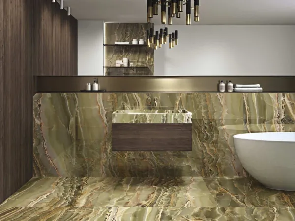 Baño con azulejos efecto monocolor en tonos cálidos, colección Four seasons de Ape