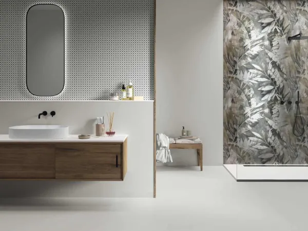 Baño con azulejos efecto monocolor en tonos neutros, colección Four seasons de Ape