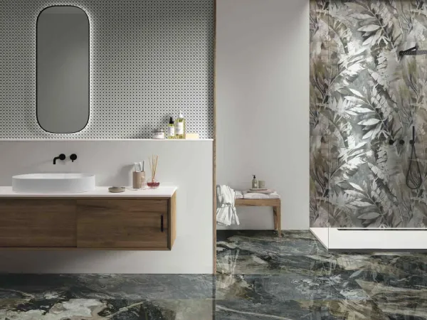 Baño con azulejos efecto monocolor en tonos neutros, colección Four seasons de Ape