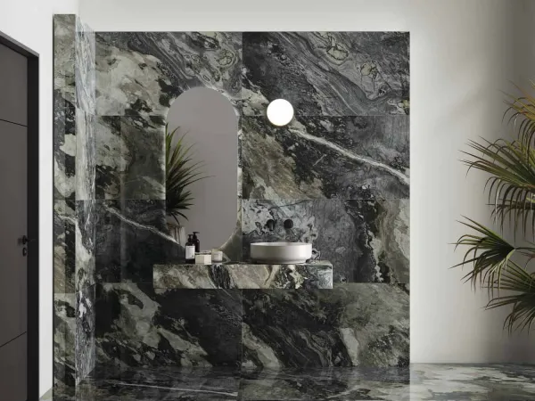 Baño con azulejos efecto monocolor en tonos neutros, colección Four seasons de Ape