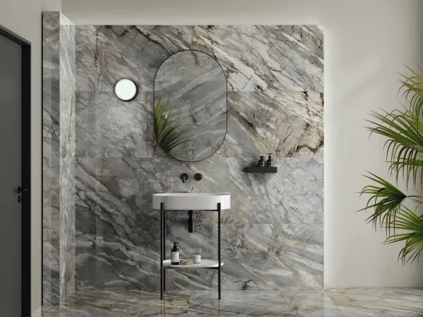 Baño con azulejos efecto monocolor en tonos neutros, colección Four seasons de Ape