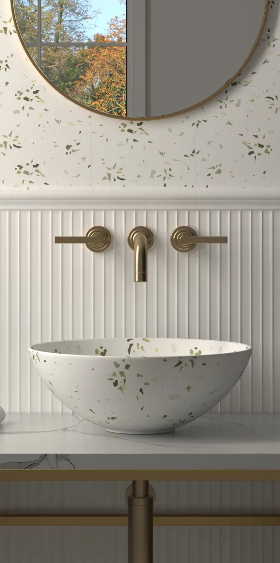Baño con azulejos efecto monocolor, colección Fragmenta & ima de Dune