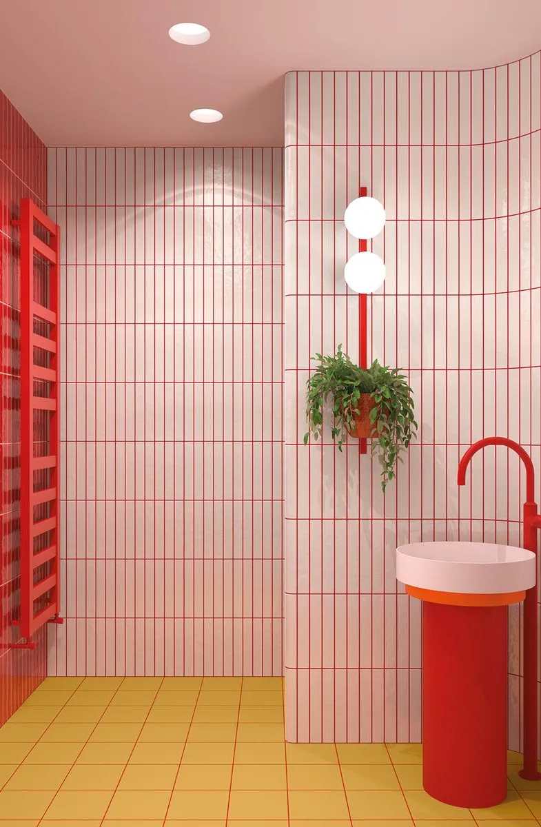 Baño con azulejos efecto monocolor en tonos cálidos, colección Funky de Cevica