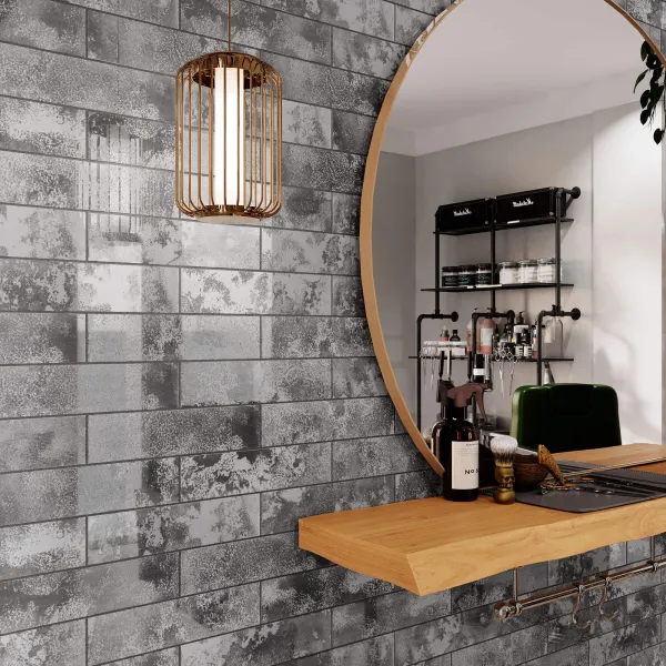 Baño con azulejos efecto monocolor en tonos neutros, colección Fusión de Ribesalbes