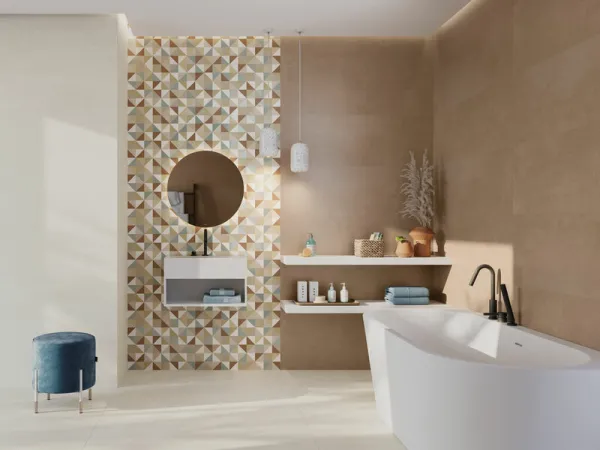 Baño con azulejos efecto monocolor en tonos cálidos, colección Gravity de Cifre