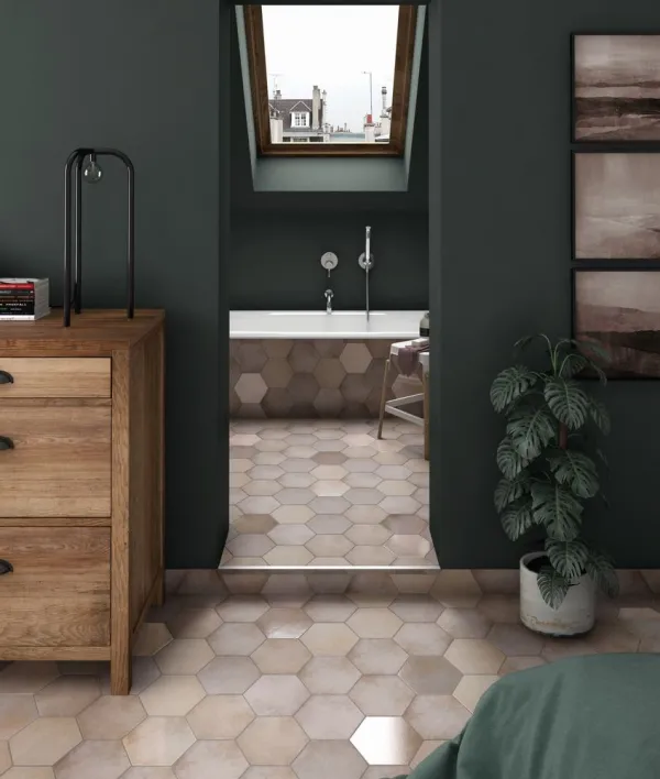 Baño con azulejos efecto monocolor, colección Heritage de Equipe