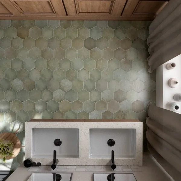 Baño con azulejos efecto monocolor, colección Heritage de Equipe