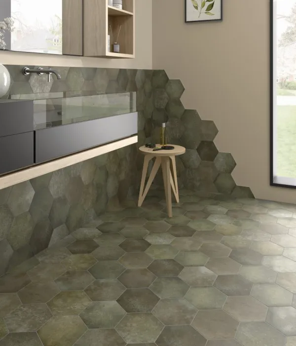 Baño con azulejos efecto monocolor, colección Heritage de Equipe