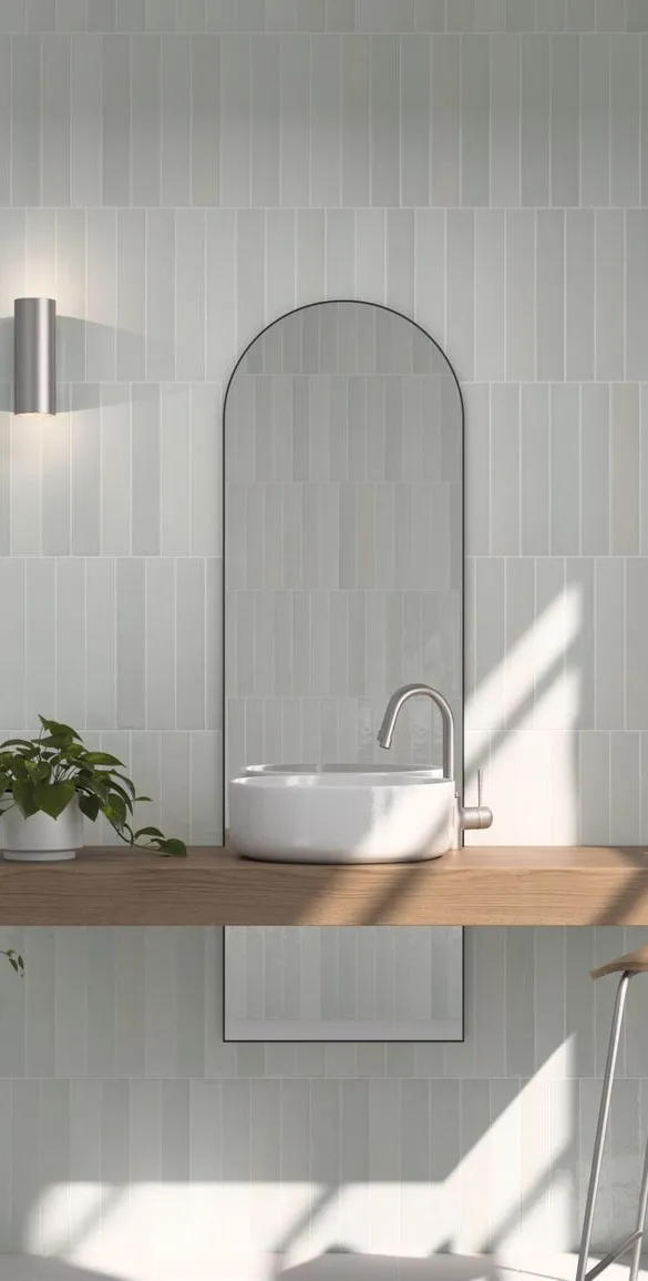 Baño con azulejos efecto monocolor en tonos neutros, colección Isola de Equipe
