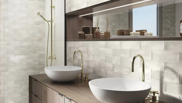 Baño con azulejos efecto monocolor en tonos neutros, colección Ispal de Ape
