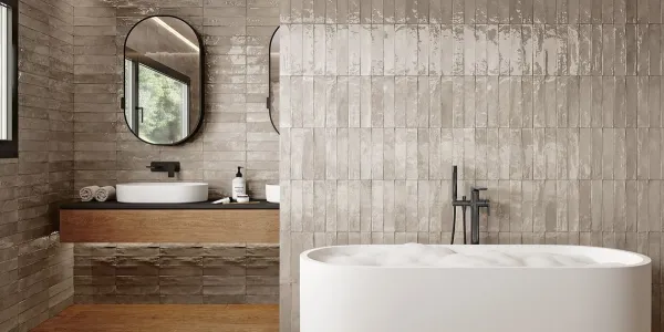 Baño con azulejos efecto monocolor en tonos cálidos, colección Kech de Gresart